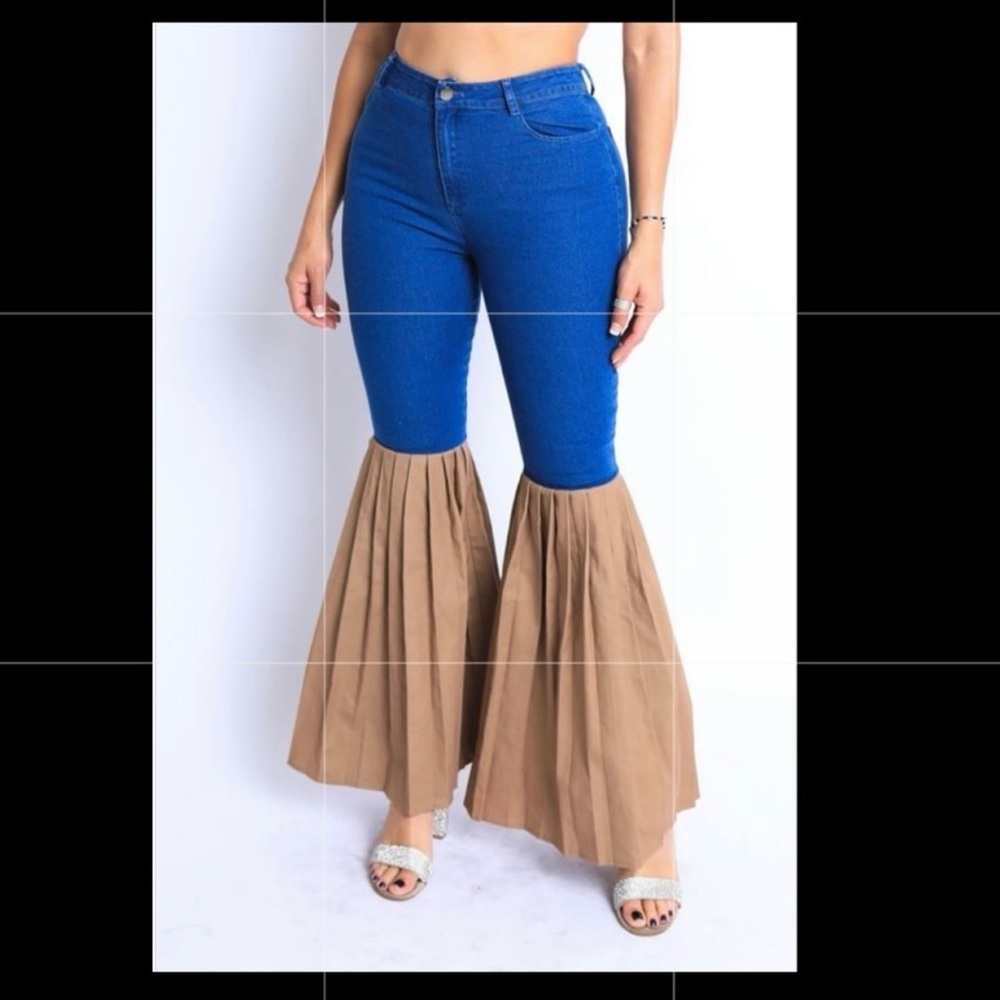 Blue Denim Pleated Bell Bottom Pants